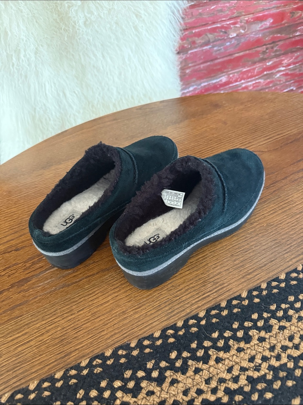 UGG Black Suede Shearling-Lined Clog Mules